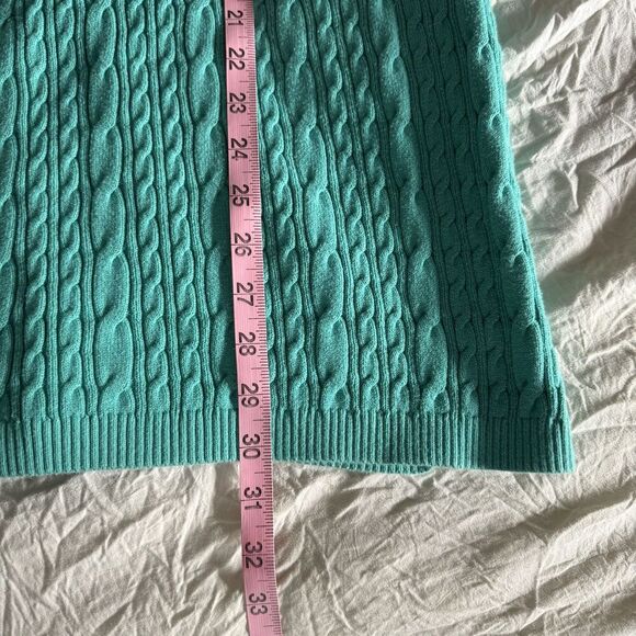 Lands' End Fisherman Cable Knit Sweater Womens Large Tall Green Cotton Mock Neck - Picture 8 of 8